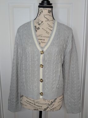NOBO Light Gray Cable Knit Cardigan Sweater Button Up Cream Trim Size L